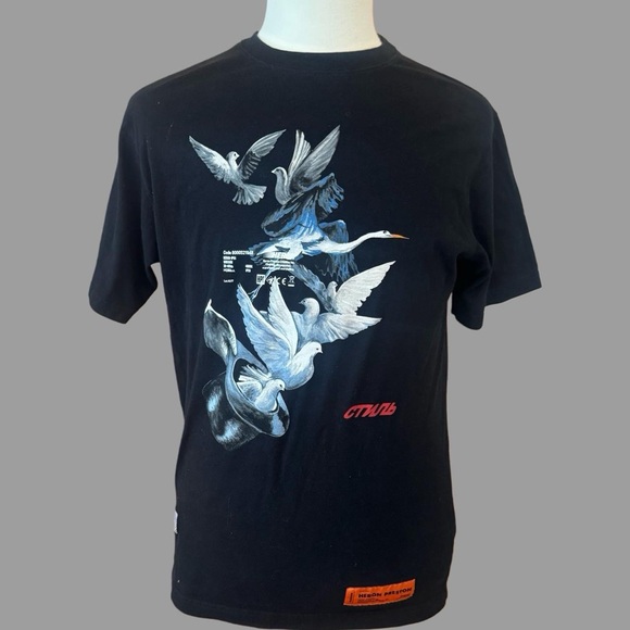 Heron Preston Black Tee with Bird Graphics - Picture 1 of 5